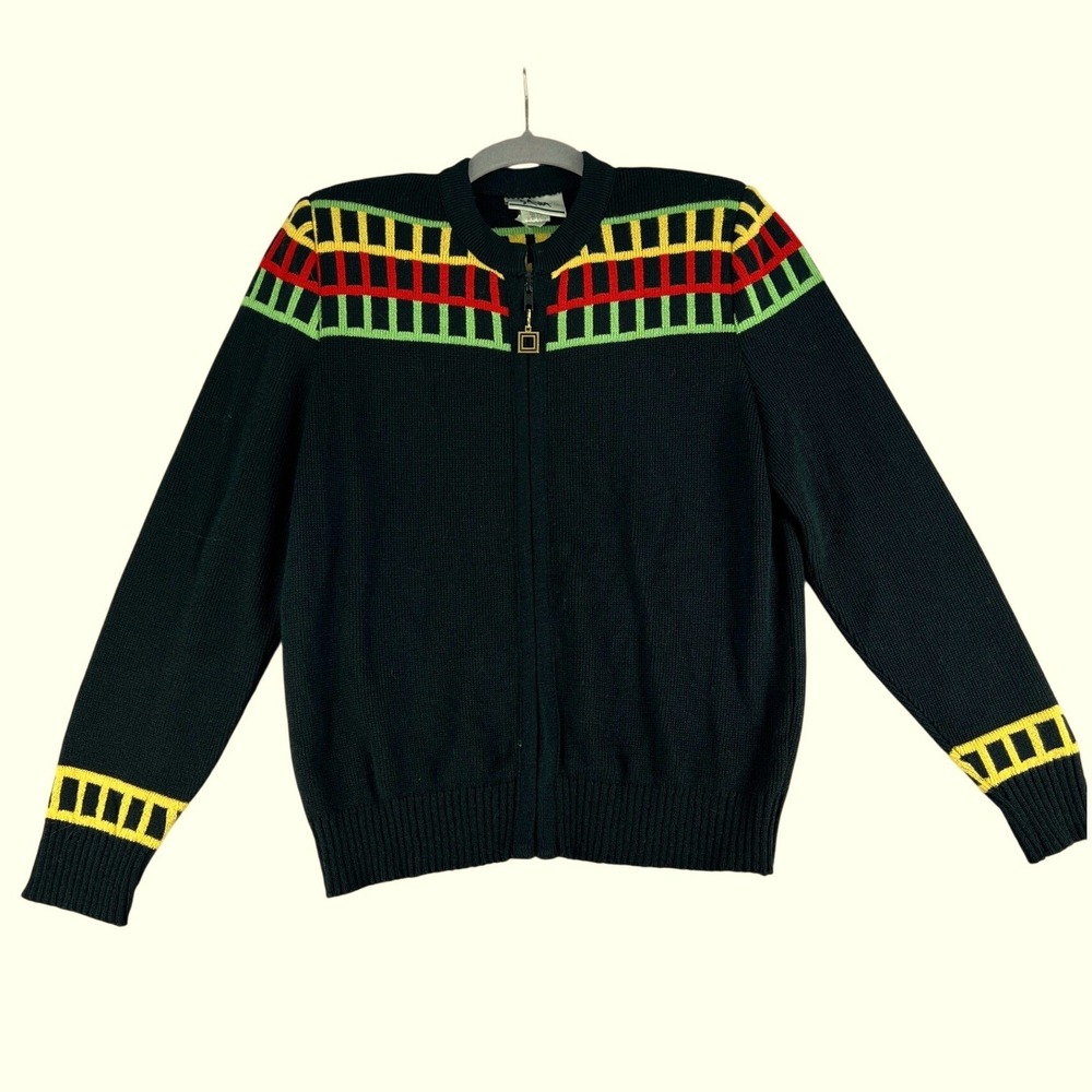 Vintage Geometric Knit Cardigan Sweater 80s Ski Colorblock Zip Up‎ Grandma Chic